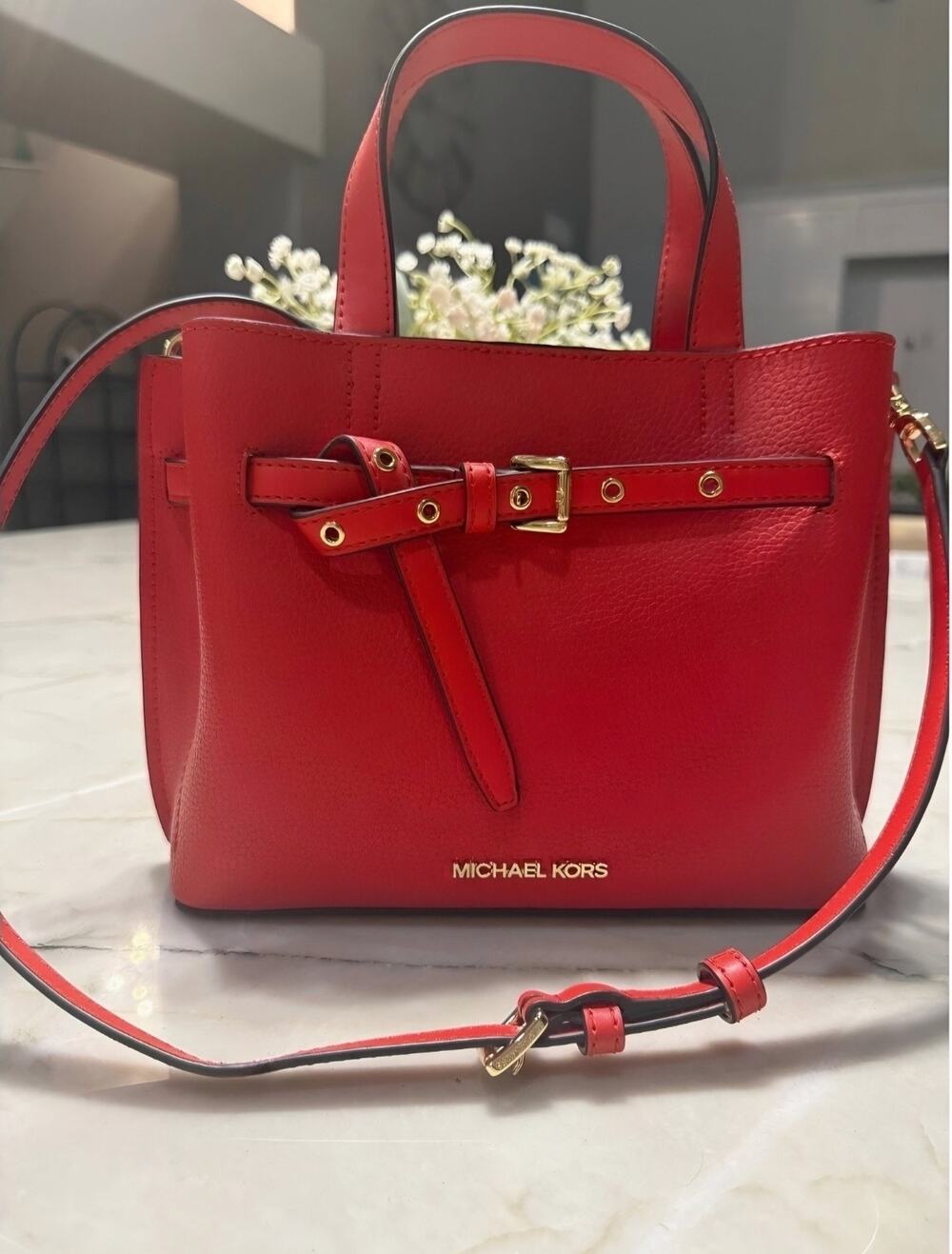 NEW Michael Kors Emilia Small Belted Satchel Red Pebbled Leather Crossbody Bag
